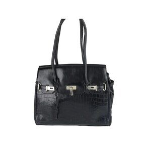 Womens Black Silver Leather‎ Inner Pockets Dividers Double Handles Shoulder Bag